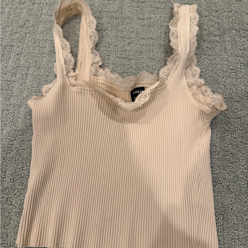 SHEIN Beige Lace Trim Ribbed bodysuit